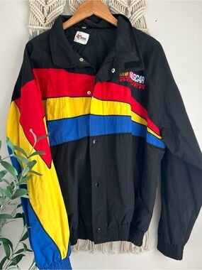 Vintage NASCAR Men’s Jacket in Black with Red, Yellow & Blue Accents